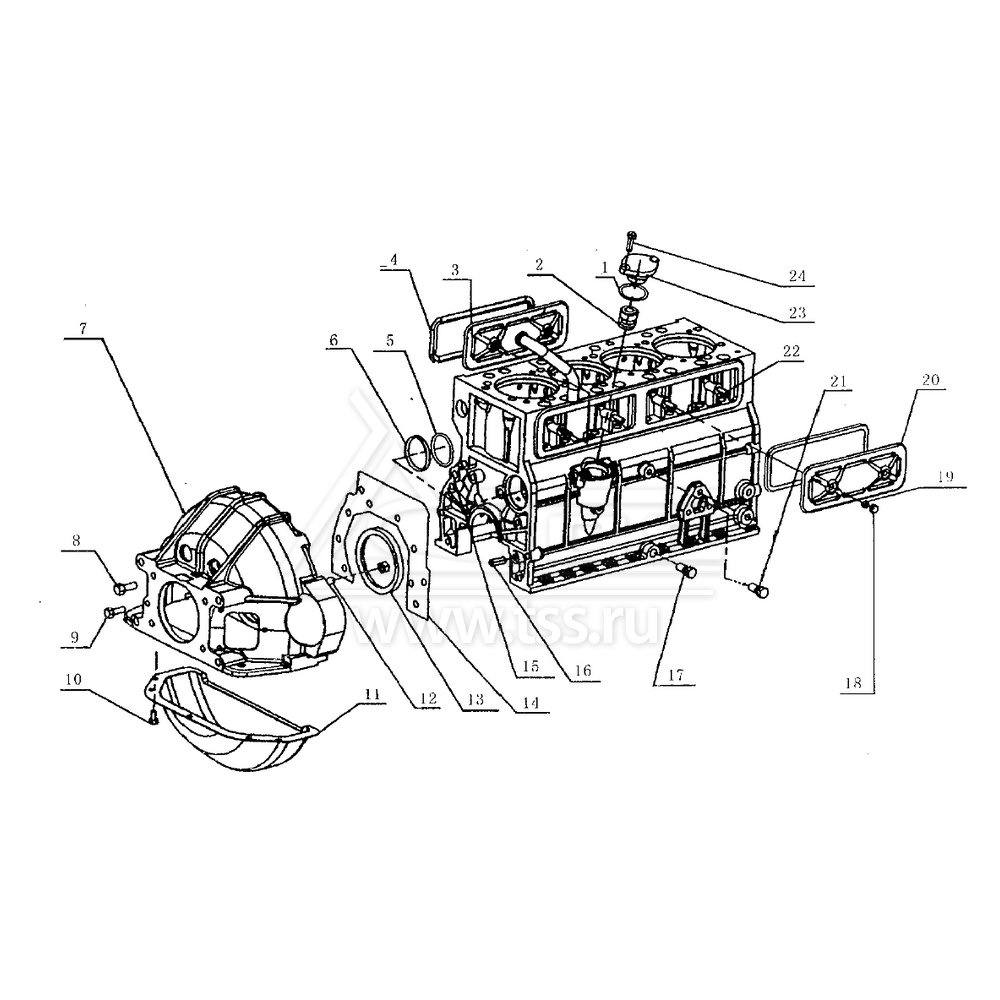 Блок цилиндров (вид сзади-справа) TSS Diesel TDY 25 4L; TDY 30 4L