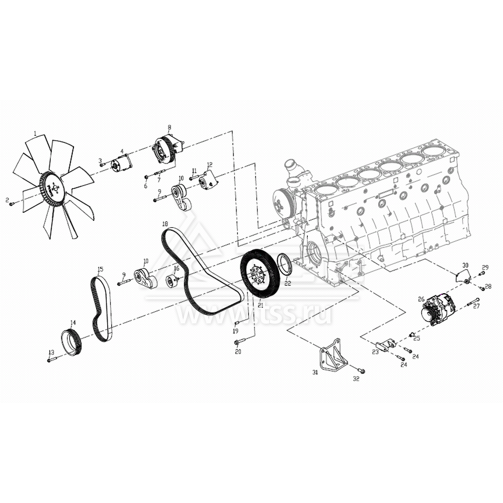 Ременные приводы вентилятора, зарядного генератора и водяного насоса TSS Diesel TDS307-6LTЕ
